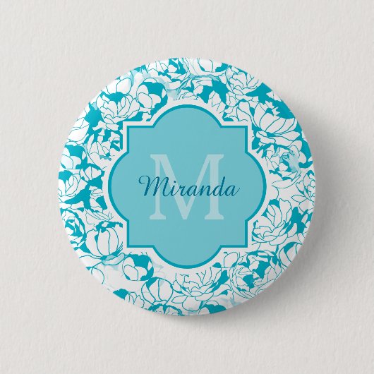 Matig turquoise Floral Girly Monogram met naam Ronde Button 5,7 Cm (Voorkant)