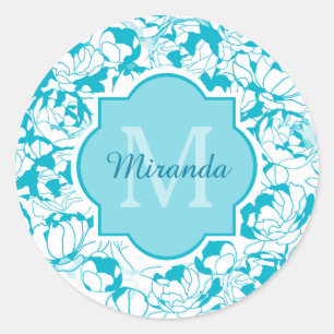 Matig turquoise Floral Girly Monogram met naam Ronde Sticker