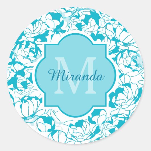 Matig turquoise Floral Girly Monogram met naam Ronde Sticker (Voorkant)