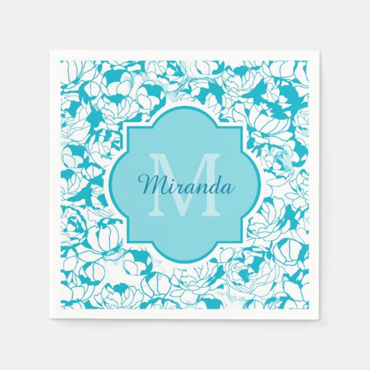 Matig turquoise Floral Girly Monogram met naam Servet (Voorkant)