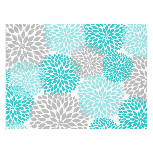 Matig turquoise gray floral tablecloth, dahlias tafelkleed (Voorkant (Horizontaal))