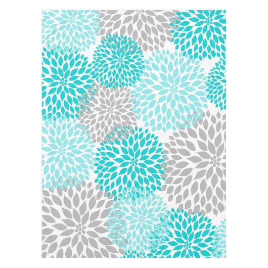 Matig turquoise gray floral tablecloth, dahlias tafelkleed (Voorkant)