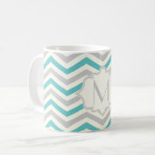 Matig turquoise, grijs, ivoor chevron patroon koffiemok (Voorkant links)