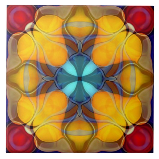 Matig, versierend, elegant, geel, blauwgroen, rood tegeltje (Voorkant)