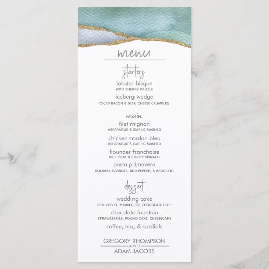 Matig waterverf bruiloft menu gouden accenten (Voorkant)