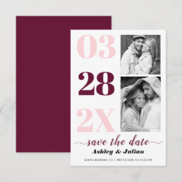 Matig wazige roze, bogundy typografie twee foto save the date