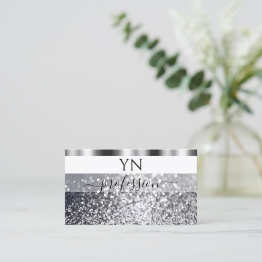 Matig wit en zilver mousserend glitter monogram visitekaartje (Staand voorkant)