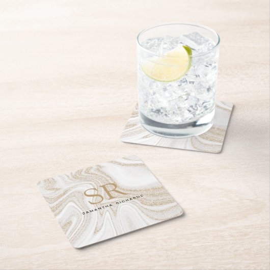 Matig witte marmer glitter monogram kartonnen onderzetters (Insitu)