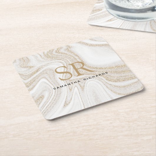 Matig witte marmer glitter monogram kartonnen onderzetters (Schuin)