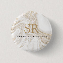 Matig witte marmer glitter monogram ronde button 3,2 cm