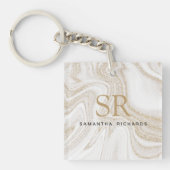 Matig witte marmer glitter monogram sleutelhanger (voorkant)