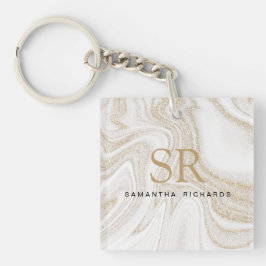 Matig witte marmer glitter monogram sleutelhanger