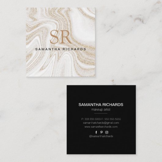 Matig witte marmer glitter monogram vierkante visitekaartje (Voorkant / Achterkant)