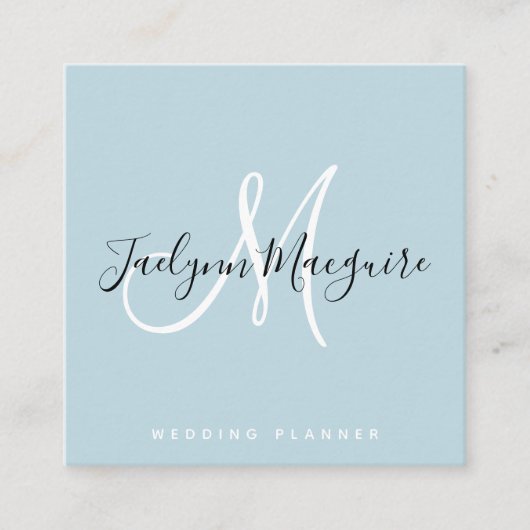 Matig zacht blauw elegant script handtekeningmonog vierkante visitekaartje (Voorkant)