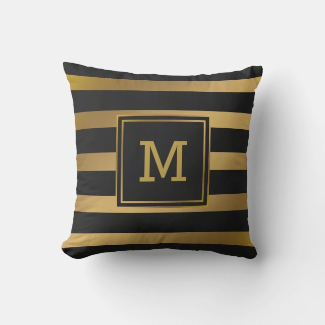 Matig zwart-gouden stripes monogram preppy buitenkussen (Voorkant)