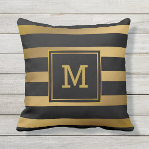 Matig zwart-gouden stripes monogram preppy buitenkussen