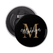 Matig zwart goudmonogram elegant eminine-script button flesopener (Voorkant)