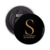 Matig zwart goudmonogram elegant eminine-script button flesopener (Voorkant)