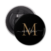 Matig zwart goudmonogram elegant eminine-script button flesopener (Voorkant)