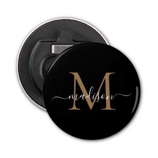 Matig zwart goudmonogram elegant eminine-script button flesopener (Voorkant)
