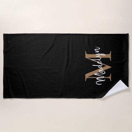 Matig zwart goudmonogram Feminine Chic Script Strandlaken (Voorkant)