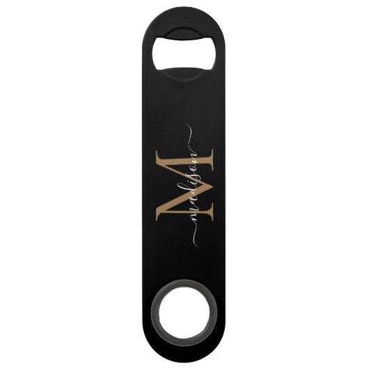 Matig zwart goudmonogram meisje legant script speed flessenopener (Voorkant)