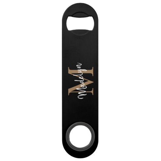 Matig zwart goudmonogram meisje legant script speed flessenopener (Voorkant)
