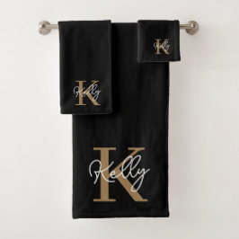Matig zwart goudmonogram script bad handdoek