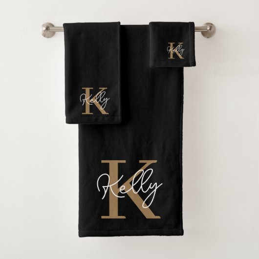 Matig zwart goudmonogram script bad handdoek (Insitu)