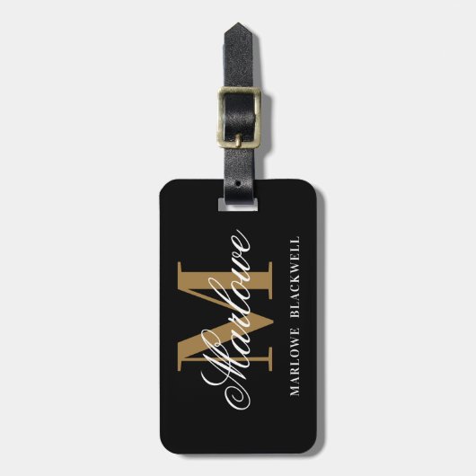 Matig zwart goudmonogram script bagagelabel (Voorkant verticaal)