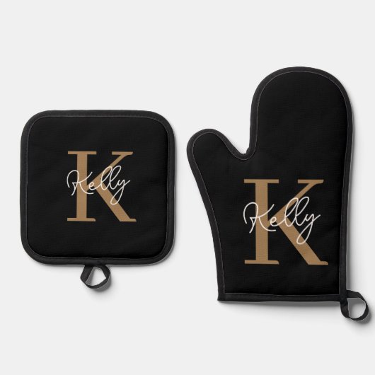 Matig zwart goudmonogram script ovenwant & pannenlap set (Voorkant)