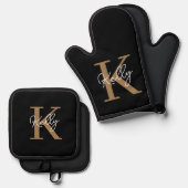 Matig zwart goudmonogram script ovenwant & pannenlap set (Voorkant / Achterkant)