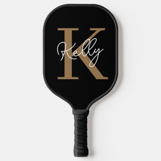Matig zwart goudmonogram script pickleball paddle (Voorkant)
