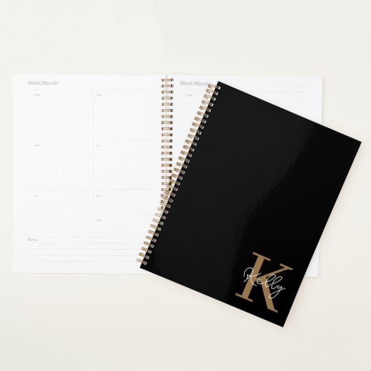 Matig zwart goudmonogram script planner (Display)