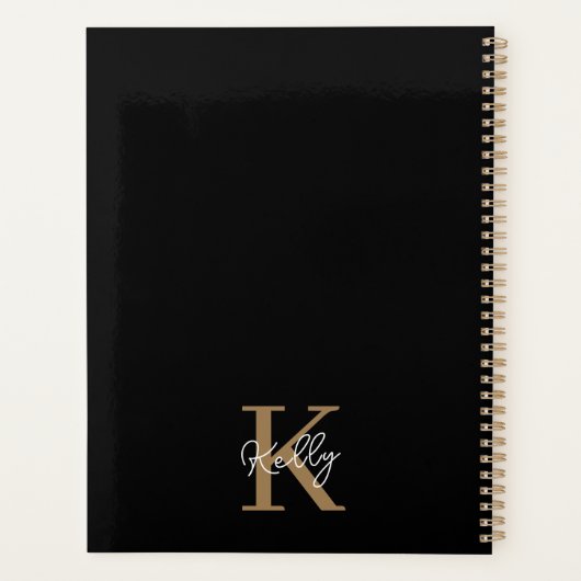 Matig zwart goudmonogram script planner (Achterkant)