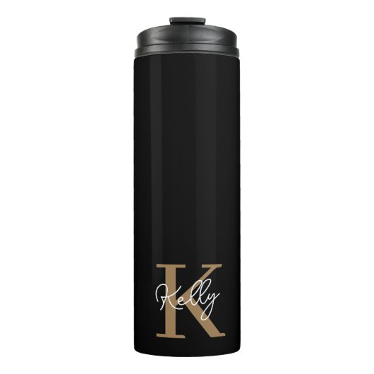 Matig zwart goudmonogram script thermosbeker (Voorkant)