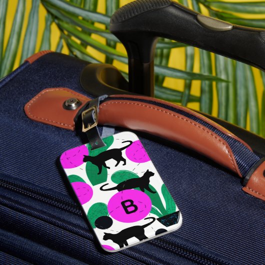 Matig zwart kat en cactus Patroonmonogram Bagagelabel (Voorkant Insitu 1)