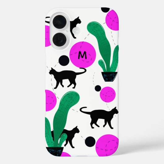 Matig zwart kat en cactus Patroonmonogram Case-Mate iPhone Case (Achterkant)