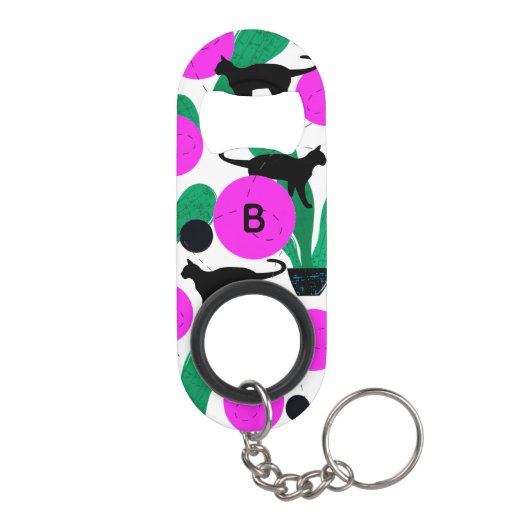 Matig zwart kat en cactus Patroonmonogram Mini Flessenopener (Achterkant)