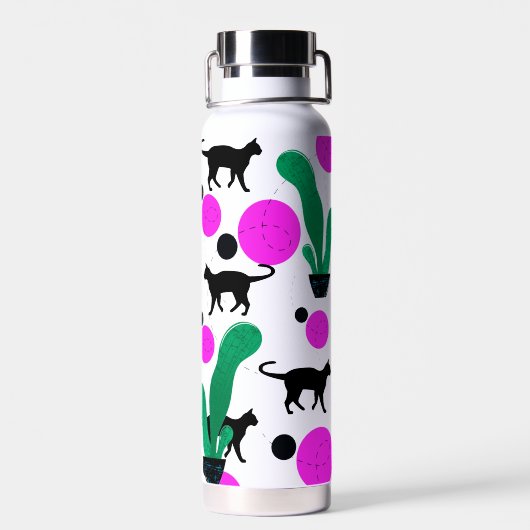 Matig zwart kat en cactus Patroonmonogram Waterfles (Achterkant)