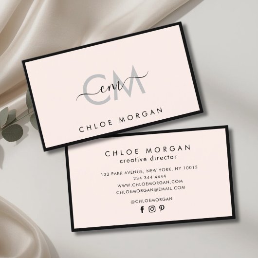 Matig zwart lichtroze script handtekeningmonogram visitekaartje