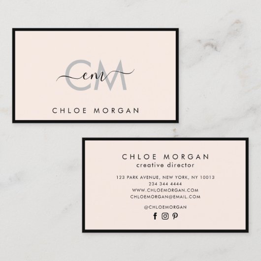 Matig zwart lichtroze script handtekeningmonogram visitekaartje (Voorkant / Achterkant)