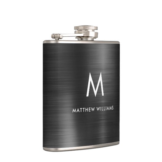 Matig zwart monogram, geborsteld staal heupfles (Rechts)