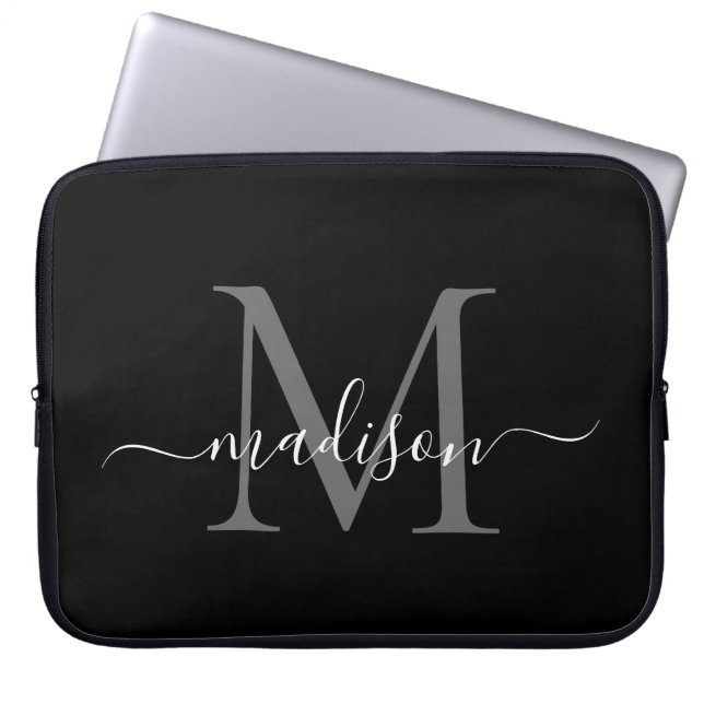 Matig zwart monogram zwart grijs zilver Girly Scri Laptop Sleeve (Voorkant)