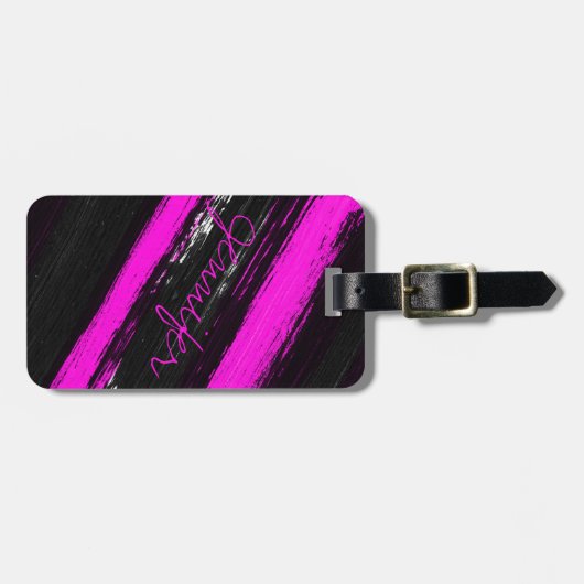 Matig zwart neonroze pushstrokes monogram lugga bagagelabel (Voorkant horizontaal)