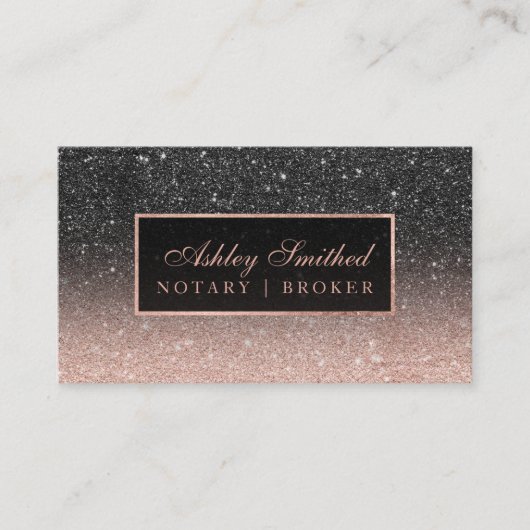 Matig zwart roos goud glitter chic ombre notaris visitekaartje (Voorkant)