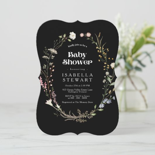 Matig Zwart Wildflower Elegant Baby shower Kaart (Staand voorkant)