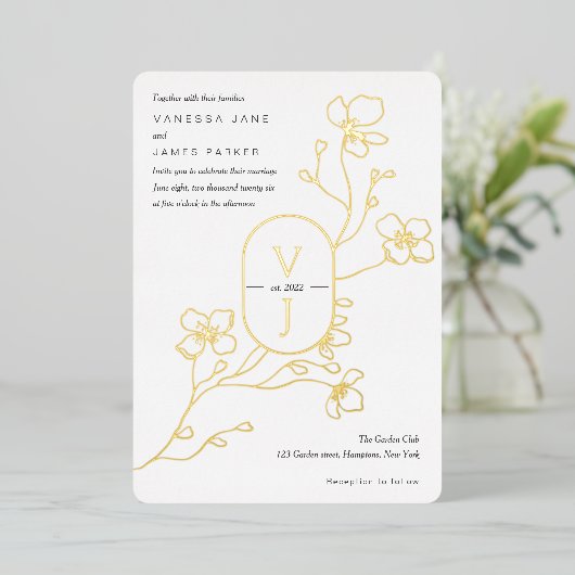 Matig zwart, wit en goud, brutaal huwelijksgoud folie uitnodiging (Staand Voorkant)