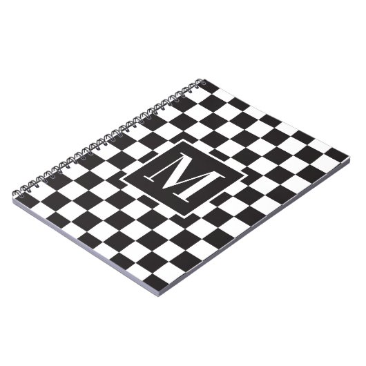 Matig zwart-wit gecheckt patroonmonogram notitieboek (Linkerzijde)