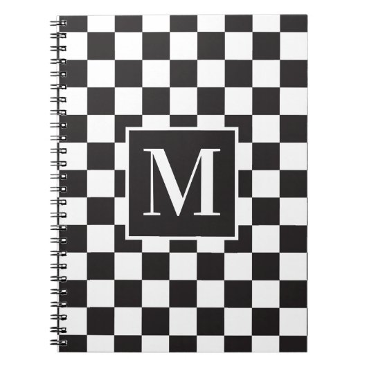 Matig zwart-wit gecheckt patroonmonogram notitieboek (Voorkant)